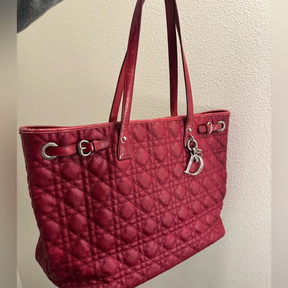 Dior Quilted Red Tote Bag with Silver Hardware